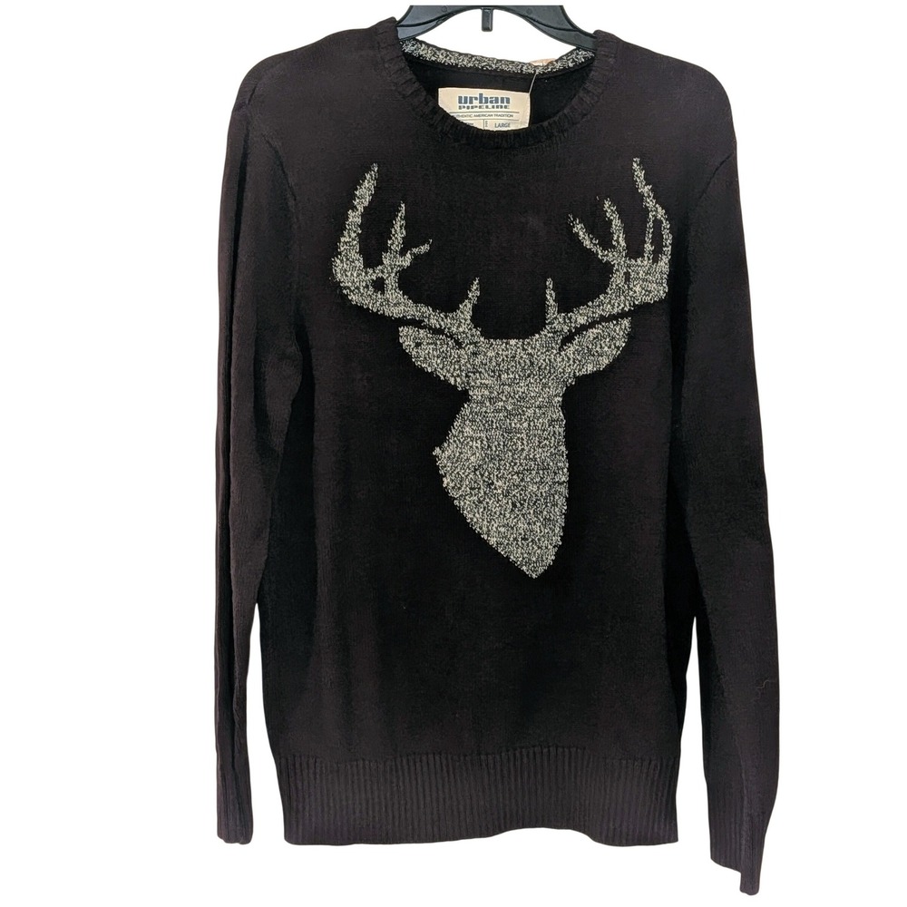 Urban Pipeline Mens Deer Head Graphic Knit Sweater Dark Plum Large NEW